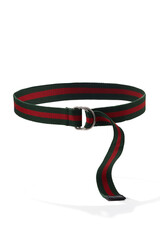 Subject shot of red and green striped belt with steel D-rings buckle. Stylish belt is isolated on the white background.