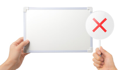 掲げたホワイトボードと、バツ印のプレート。