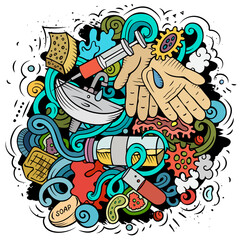Coronavirus hand drawn cartoon doodles illustration. Colorful composition