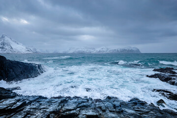 Norwegian Sea waves on rocky coast of Lofoten islands, Norway