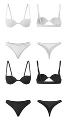 White and black two-piece swimsuit, underwear. 3d realistic mockup isolated on white background. Bra and thong panties front and back view.
