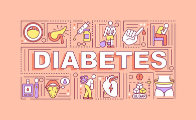 Diabetes word concepts banner. Dangerous diseases treatment. Infographics with linear icons on coral background. Isolated creative typography. Vector outline color illustration with text