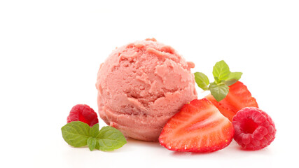strawberry ice cream scoop isolated on white background
