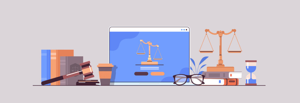 law and justice concept gavel judge books and scales on laptop screen online lawyer legal advice