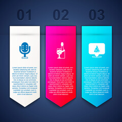 Set Microphone, Champagne bottle and Slice of pizza. Business infographic template. Vector