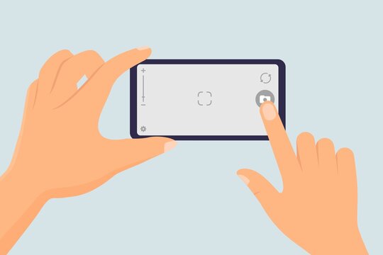 Taking photo with mobile phone device. Finger touching smartphone screen to take picture vector illustration