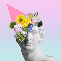 Surrealism. Contemporary art collage with antique statue bust in a surreal style. - obrazy, fototapety, plakaty