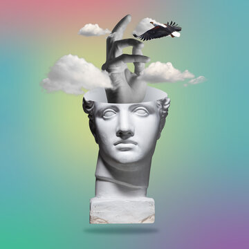 Tenderness. Contemporary art collage with antique statue head in a surreal style.