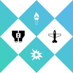 Set Binoculars, Bomb explosion, Torch flame and Plane icon. Vector