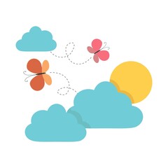 Vector sun, clouds, and butterflies isolated on white background. Peaceful sky in a flat style 