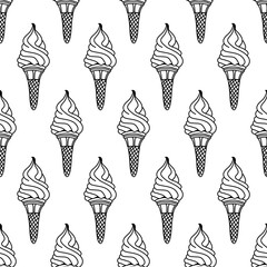 Vector seamless pattern with ice creams in wafer cones in outline isolated on white background. Doodle style
