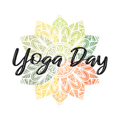 Vector inscription "Yoga Day" on oriental-colored background with lotus leaves. Mandala-style vector banner. Greeting card template.
