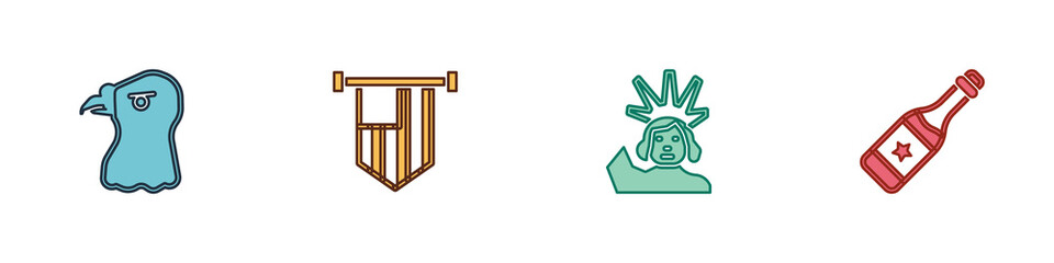 Set Eagle head, American flag, Statue of Liberty and Champagne bottle icon. Vector