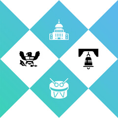 Set Eagle, Drum and drum sticks, White House and Liberty bell in Philadelphia icon. Vector