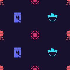 Set Western cowboy hat, Calendar with date July 4, Firework and Barbecue grill on seamless pattern. Vector
