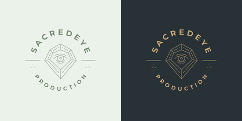 Magic eye with diamond logo emblem design template vector illustration in minimal line art style