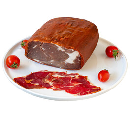 Pastrami or bacon isolated on white background