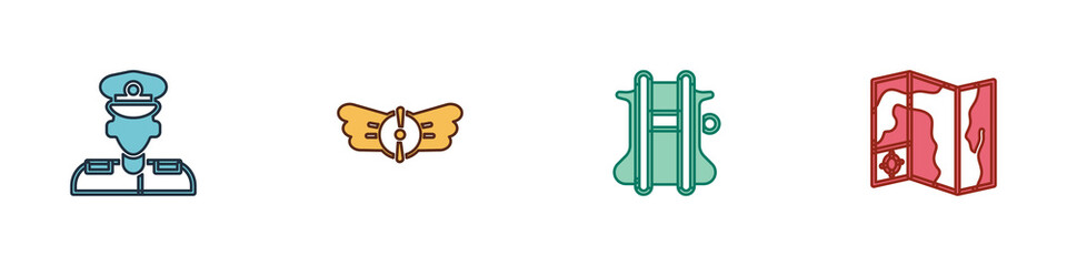 Set Pilot, Aviation emblem, Parachute and World travel map icon. Vector