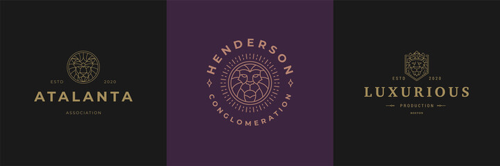 Lion head logos templates set linear vector illustration.