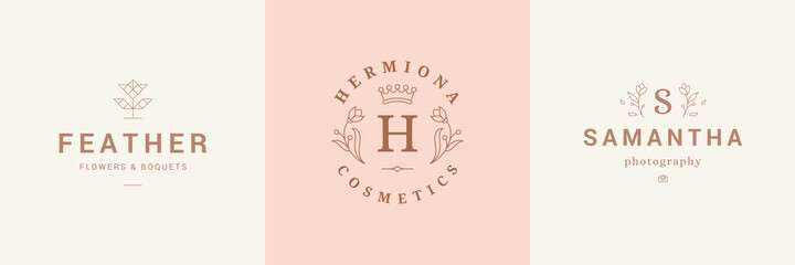 Botanical logos emblems design templates set with blossom flowers vector illustrations minimal linear style.
