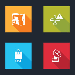 Set World travel map, Warning aircraft, Suitcase and Radar icon. Vector