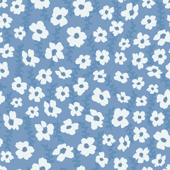 Fototapeta na wymiar monochrome seamless pattern with hand drawn flowers on a blue background. cute vector flowers and leaves. vintage style ornament
