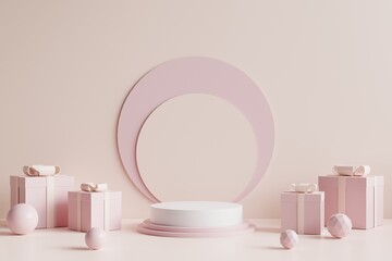 White circle podium decorated with a pink gift box on the side and with a cream background.3d rendering.
