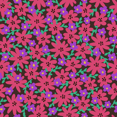 simple seamless pattern with colorful hand drawn flowers on dark background. vector texture/ multycolor vintage ornament