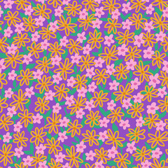 seamless pattern with simple colorful hand drawn flowers on purple background. vector texture. multycolor vintage ornament