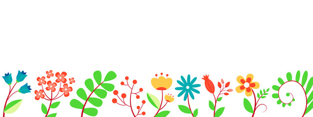 Horizontal banner with colorful flowers and leaves. Beautiful botanical background. Vector illustration isolated on white background.