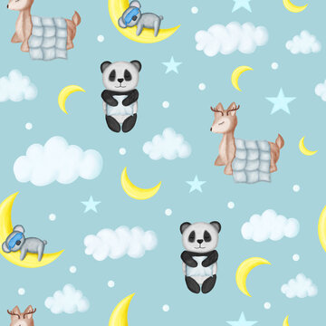 Cute sleeping baby animals pattern with deer, panda and koala on blue background