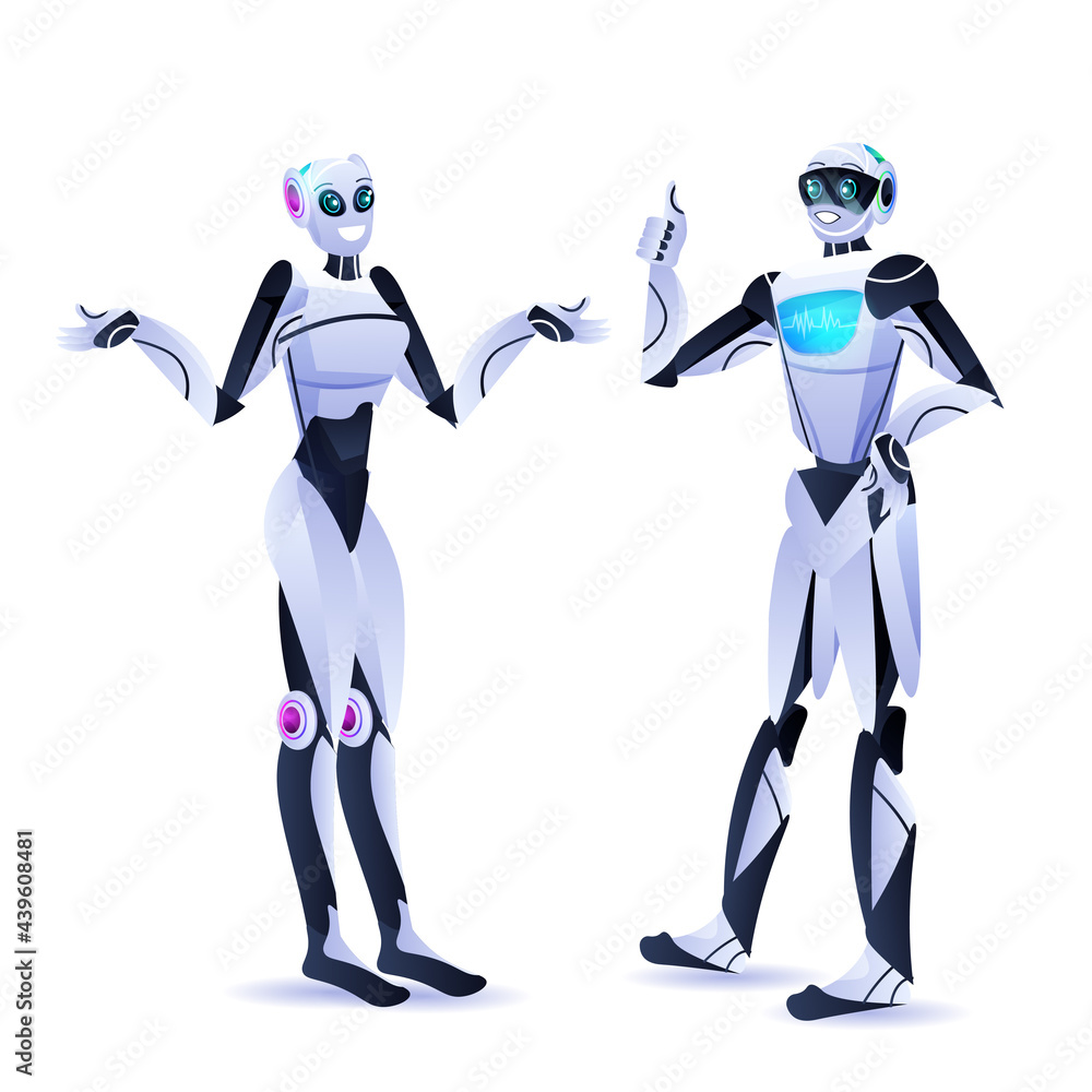 Poster modern robotic characters standing together robots discussing during meeting artificial intelligence