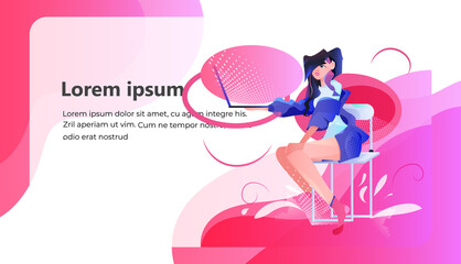 woman freelancer sitting on chair and using laptop social media network online communication concept horizontal
