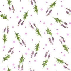 Seamless pattern of lavender flowers, lavender bouquet, heart, delicate wildflowers