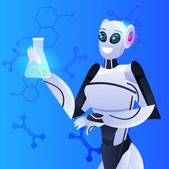 robot holding test tube with liquid robotic chemist making experiments in lab genetic engineering artificial intelligence