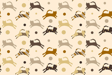 Abstract Hand Drawing Cute Cats and Dots Seamless Vector Pattern Isolated Background