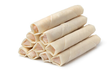 Heap of raw fresh made Vietnamese egg rolls isolated on white background 