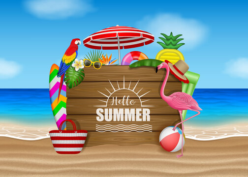 Hello summer poster with beach elements, tropical flowers, leaves, birds and wooden sigboard on beach landscape