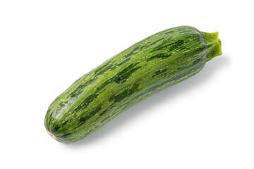 Single fresh raw green spotted courgette close up isolated on white background 