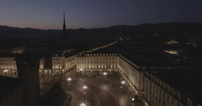 Aerial Drone footage view of famous square in Turin Italy by night // no video editing
