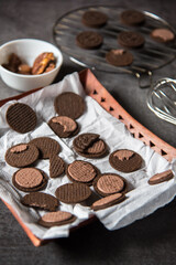Dark chocolate chip cookies with use of selective focus