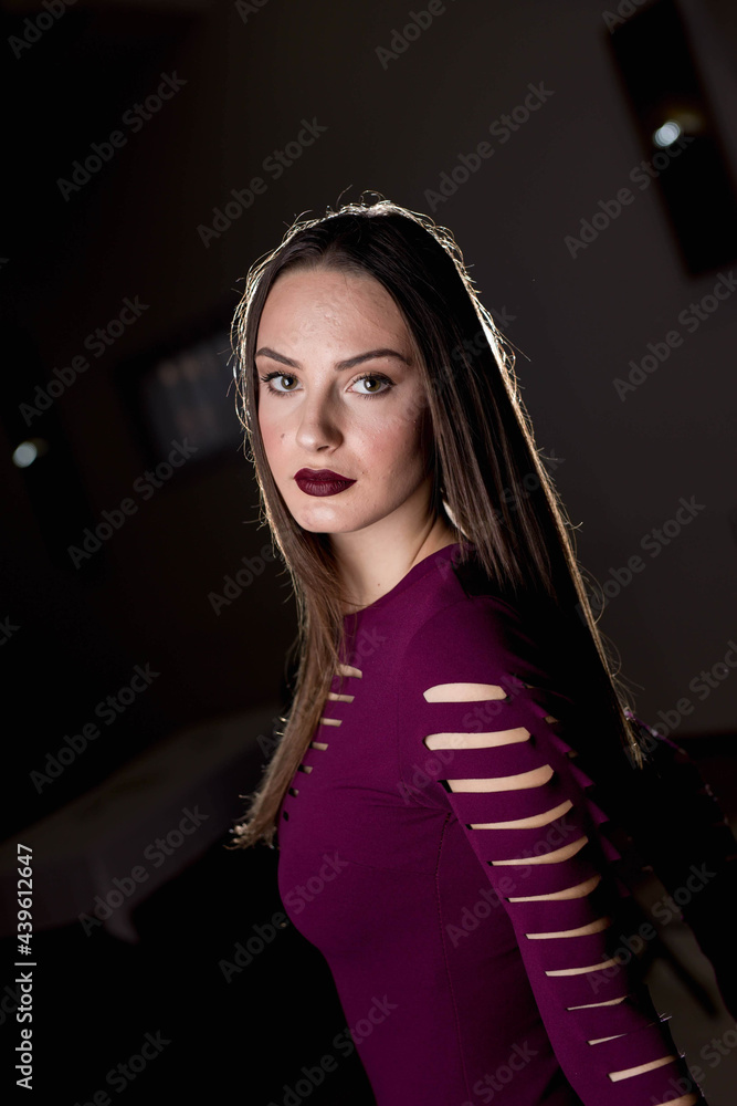 Canvas Prints sexy caucasian woman with a dark purple dress and heavy makeup posing in a dark room