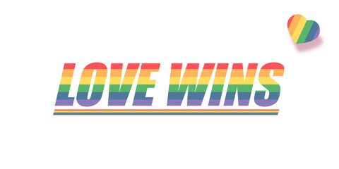 Love wins lettering for Pride month celebration with rainbow flag typography and text on white background. Love wins pride concept vector poster or banner design template