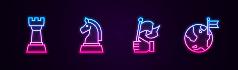 Set line Chess, , Hand holding flag and Planet with. Glowing neon icon. Vector