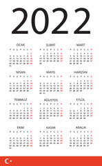 2022 Calendar - vector template graphic illustration - Turkish version.