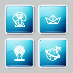 Set line Man holding flag, Folded paper boat, Target with arrow and Moon icon. Vector