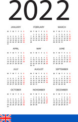 Calendar 2022 - illustration. English version. Week starts on Monday. 