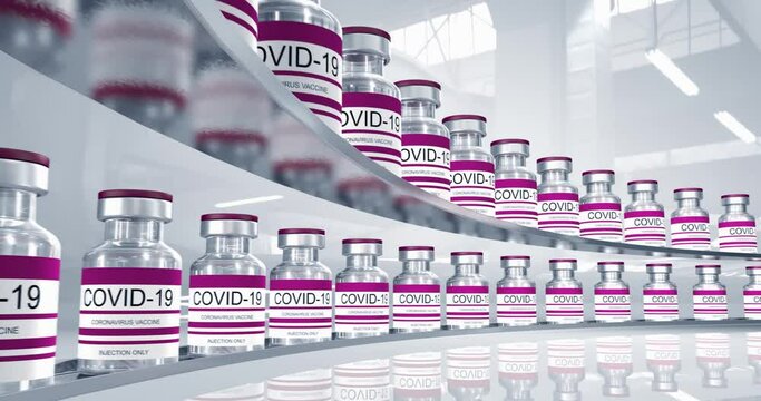 Red bottles coronavirus vaccine COVID-19. Glass vials with sars-cov-2 vaccine. seamless loop 3d render for video editing, loop for video editing, loop