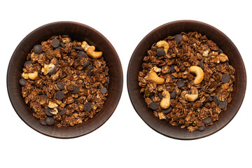 Chocolate granola cereal with nuts in a bowl background.