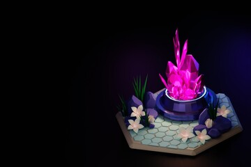 Fantastic colorful crystals and flowers.Fantasy background.  Abstract illustration. Glossy. 3D rendering.3d illustration.